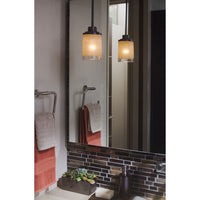 Alexa Collection One-Light Antique Bronze Etched Umber Linen With Clear Edge Glass Modern Mini-Pendant Light