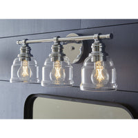 Ambrose Collection Three-Light Farmhouse Polished Chrome Clear Glass Bath Vanity Light - Damp Location Listed