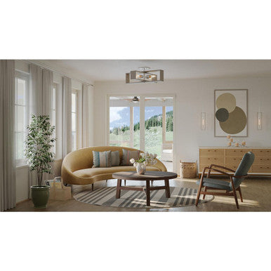 Boundary Collection 24 in. Four-Light Brushed Nickel Grey Washed Oak Modern Flush Mount Light - Dry Location Listed