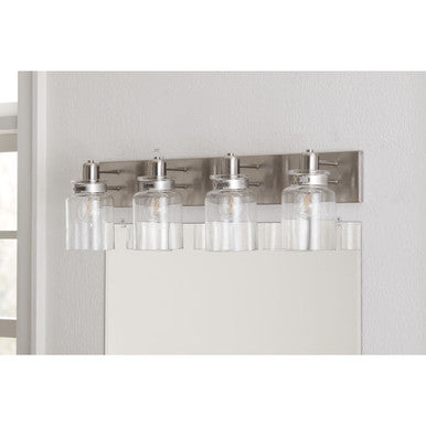 Calhoun Collection Four-Light Brushed Nickel Clear Glass Farmhouse Bath Vanity Light - Damp Location Listed