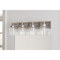 Calhoun Collection Four-Light Brushed Nickel Clear Glass Farmhouse Bath Vanity Light - Damp Location Listed