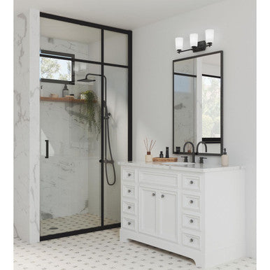 Adley Collection Three-Light Matte Black Etched Opal Glass New Traditional Bath Vanity Light - Damp Location Listed