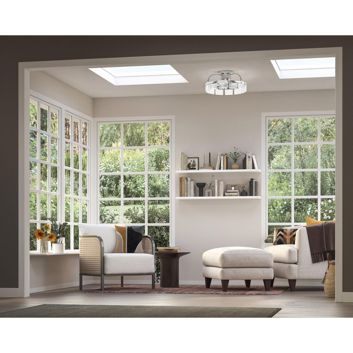 Progress Lighting Fanin Collection Oscillating Three-Blade Polished Chrome Luxe Ceiling Fan with Silver Blades and Artisanal Glass - Damp Location Listed Application Shot Model P250114-015-30