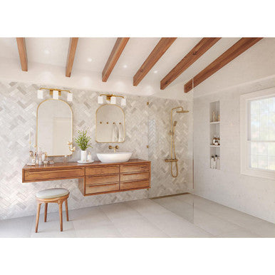 Cowan Collection Three-Light Modern Satin Brass Etched Opal Glass Bath Vanity Light - Damp Location Listed