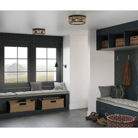 Chandra Collection 12 in. Two-Light Matte Black Global Flush Mount with Woven Shade - Damp Location Listed