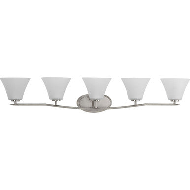 Bravo Collection Five-Light Brushed Nickel Etched Glass Modern Bath Vanity Light - Damp Location Listed
