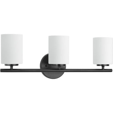 Replay Collection Three-Light Textured Black Etched Glass Modern Bath Vanity Light - Damp Location Listed