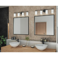 Replay Collection Four-Light Textured Black Etched Glass Modern Bath Vanity Light - Damp Location Listed