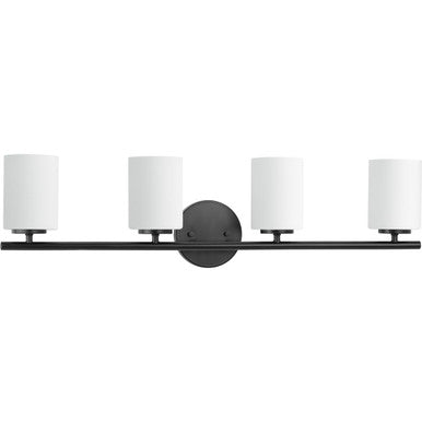 Replay Collection Four-Light Textured Black Etched Glass Modern Bath Vanity Light - Damp Location Listed