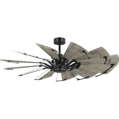 Springer II Collection 60-in Twelve-Blade Matte Black Modern Farmhouse Windmill Ceiling Fan - Damp Location Listed