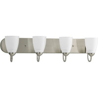 Gather Collection Four-Light Brushed Nickel Etched Glass Traditional Bath Vanity Light - Damp Location Listed