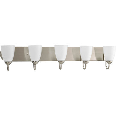 Gather Collection Five-Light Brushed Nickel Etched Glass Traditional Bath Vanity Light - Damp Location Listed