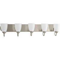 Gather Collection Five-Light Brushed Nickel Etched Glass Traditional Bath Vanity Light - Damp Location Listed
