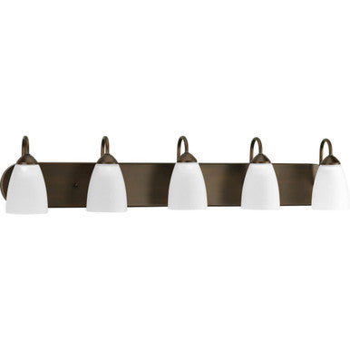 Gather Collection Five-Light Antique Bronze Etched Glass Traditional Bath Vanity Light - Damp Location Listed