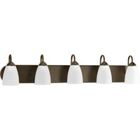 Gather Collection Five-Light Antique Bronze Etched Glass Traditional Bath Vanity Light - Damp Location Listed