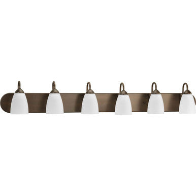 Gather Collection Six-Light Antique Bronze Etched Glass Traditional Bath Vanity Light - Damp Location Listed