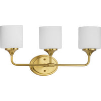 Lynzie Collection Three-Light Brushed Gold Etched Opal Glass Modern Bath Vanity Light - Damp Location Listed