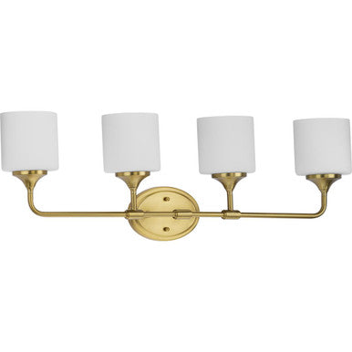 Lynzie Collection Four-Light Brushed Gold Etched Opal Glass Modern Bath Vanity Light - Damp Location Listed