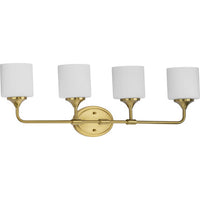 Lynzie Collection Four-Light Brushed Gold Etched Opal Glass Modern Bath Vanity Light - Damp Location Listed
