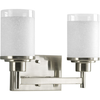Alexa Collection Two-Light Brushed Nickel Etched Linen With Clear Edge Glass Modern Bath Vanity Light - Damp Location Listed