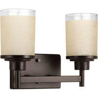 Alexa Collection Two-Light Antique Bronze Etched Umber Linen With Clear Edge Glass Modern Bath Vanity Light - Damp Location Listed