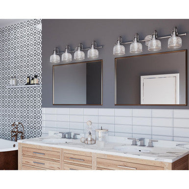 Archie Collection Four-Light Antique Nickel Clear Double Prismatic Glass Coastal Bath Vanity Light - Damp Location Listed