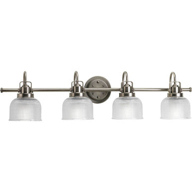 Archie Collection Four-Light Antique Nickel Clear Double Prismatic Glass Coastal Bath Vanity Light - Damp Location Listed