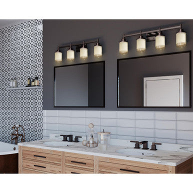 Alexa Collection Four-Light Antique Bronze Etched Umber Linen With Clear Edge Glass Modern Bath Vanity Light - Damp Location Listed