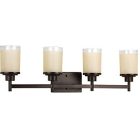 Alexa Collection Four-Light Antique Bronze Etched Umber Linen With Clear Edge Glass Modern Bath Vanity Light - Damp Location Listed