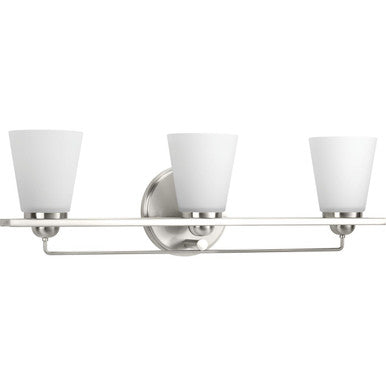 Flight Collection Three-Light Brushed Nickel Etched Glass Coastal Bath Vanity Light - Damp Location Listed