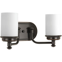 Glide Collection Two-Light Rubbed Bronze Etched Opal Glass Coastal Bath Vanity Light - Damp Location Listed