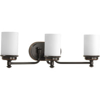 Glide Collection Three-Light Rubbed Bronze Etched Opal Glass Coastal Bath Vanity Light - Damp Location Listed
