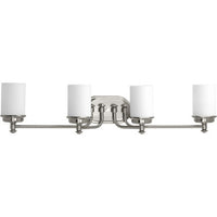 Glide Collection Four-Light Brushed Nickel Etched Opal Glass Coastal Bath Vanity Light - Damp Location Listed