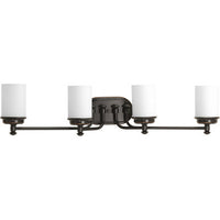 Glide Collection Four-Light Rubbed Bronze Etched Opal Glass Coastal Bath Vanity Light - Damp Location Listed