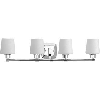 Glance Collection Four-Light Polished Chrome Etched White Linen Glass Farmhouse Bath Vanity Light - Damp Location Listed