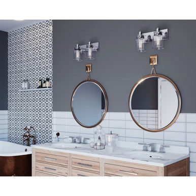 Calhoun Collection Two-Light Brushed Nickel Clear Glass Farmhouse Bath Vanity Light - Damp Location Listed