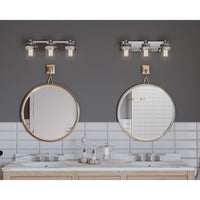 Calhoun Collection Three-Light Brushed Nickel Clear Glass Farmhouse Bath Vanity Light - Damp Location Listed