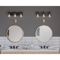 Calhoun Collection Three-Light Antique Bronze Clear Glass Farmhouse Bath Vanity Light - Damp Location Listed