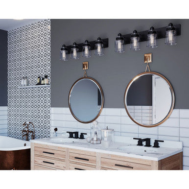 Calhoun Collection Four-Light Antique Bronze Clear Glass Farmhouse Bath Vanity Light - Damp Location Listed