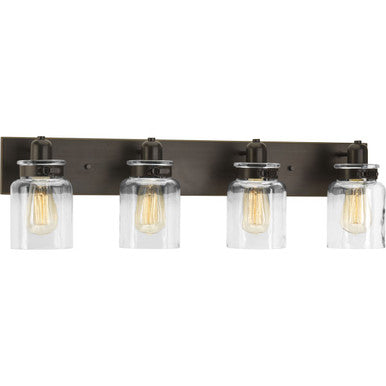 Calhoun Collection Four-Light Antique Bronze Clear Glass Farmhouse Bath Vanity Light - Damp Location Listed
