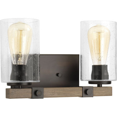 Barnes Mill Collection Two-Light Antique Bronze Clear Seeded Glass Farmhouse Bath Vanity Light - Damp Location Listed