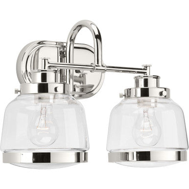 Judson Collection Two-Light Polished Nickel Clear Glass Farmhouse Bath Vanity Light - Damp Location Listed