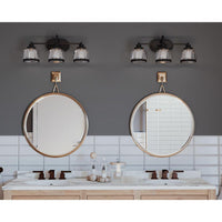Judson Collection Three-Light Antique Bronze Clear Glass Farmhouse Bath Vanity Light - Damp Location Listed