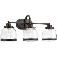 Judson Collection Three-Light Antique Bronze Clear Glass Farmhouse Bath Vanity Light - Damp Location Listed