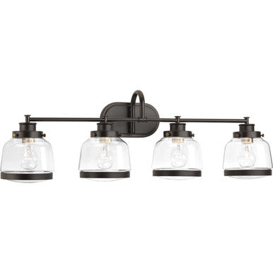 Judson Collection Four-Light Antique Bronze Clear Glass Farmhouse Bath Vanity Light - Damp Location Listed