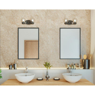 Spatial Collection Two-Light Matte Black Clear Glass Global Bath Vanity Light - Damp Location Listed