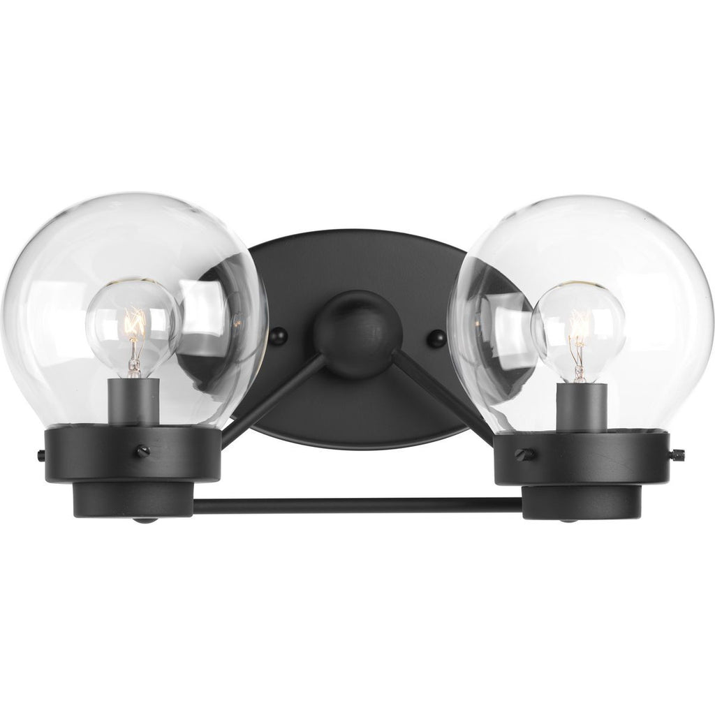 Spatial Collection Two-Light Matte Black Clear Glass Global Bath Vanity Light - Damp Location Listed