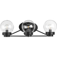 Spatial Collection Three-Light Matte Black Clear Glass Global Bath Vanity Light - Damp Location Listed