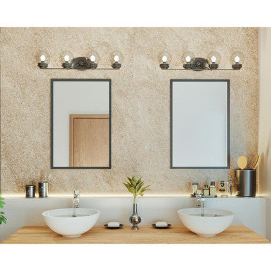 Spatial Collection Four-Light Matte Black Clear Glass Global Bath Vanity Light - Damp Location Listed