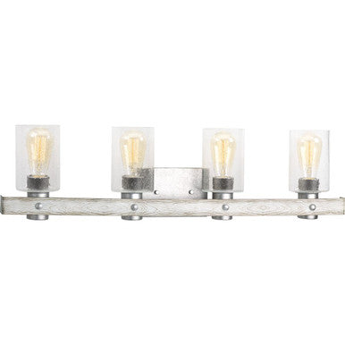 Gulliver Collection Four-Light Galvanized Finish Clear Seeded Glass Coastal Bath Vanity Light - Damp Location Listed